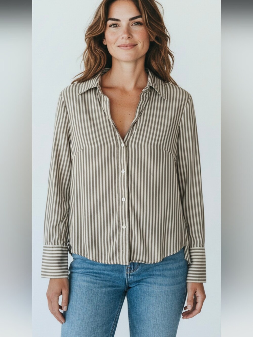 Tracy M Taupe and Cream Vertical Stripe Button-Down Blouse 100% Silk -small